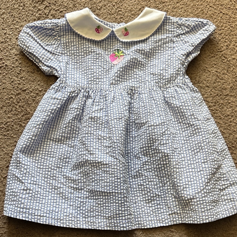 Vintage  Blue and White Gingham Kids Dress with Embroidered Strawberries